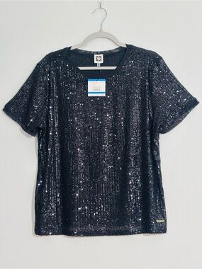 Anne Klein black sequin tee top XL NWT